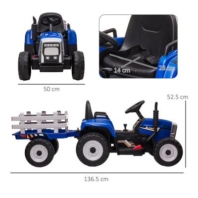 HOMCOM Ride On Tractor, Battery Powered Electric Car, with Detachable Trailer, Remote Control, Music - Blue 