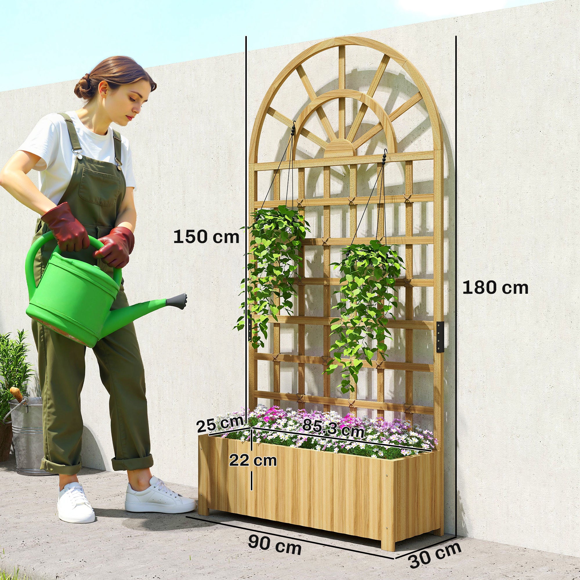 Outsunny Wooden Raised Planter with Trellis, Raised Bed for Garden with Lattice and Drainage Holes for Climbing Plants 