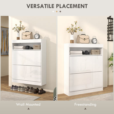 HOMCOM 16 Shoe Pair Storage Cabinet, with Flip Doors - High Gloss White 
