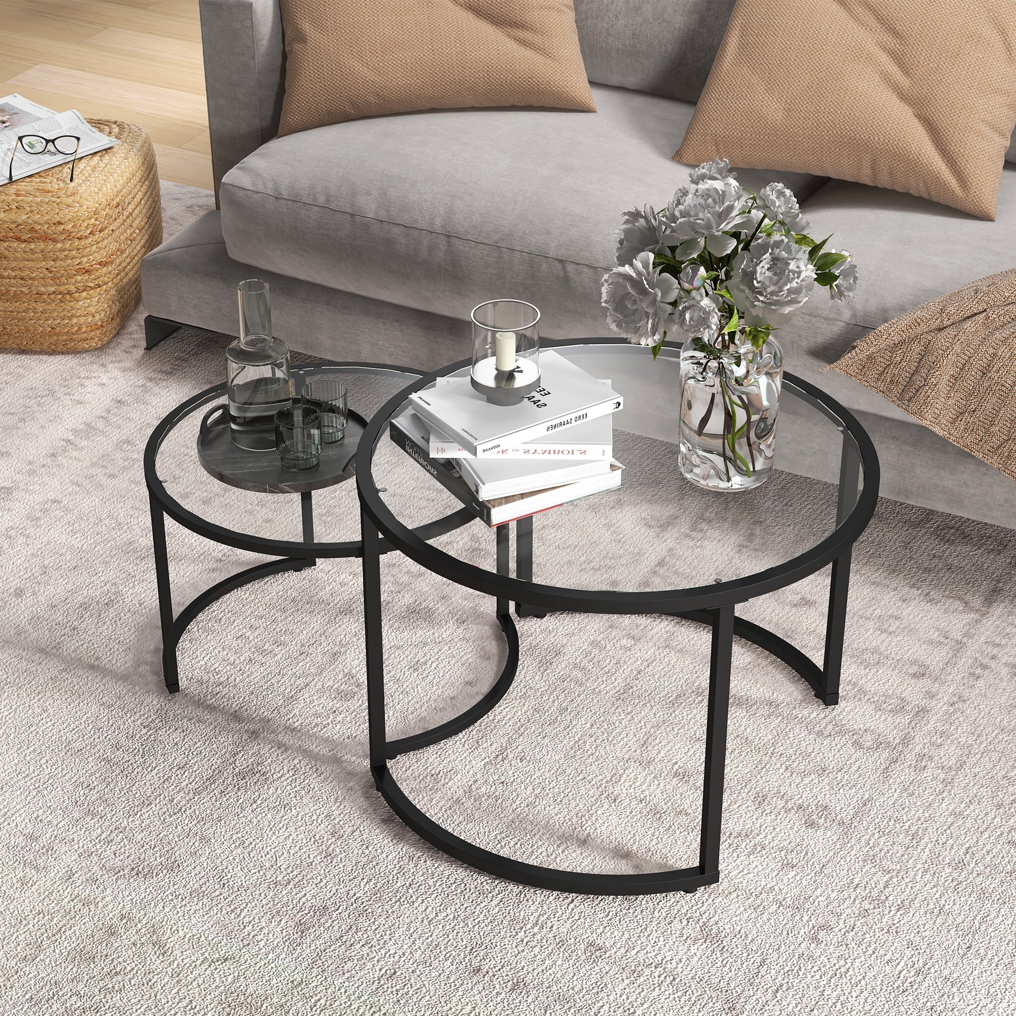 HOMCOM Two-Piece Nest of Glass-Top Coffee Tables 