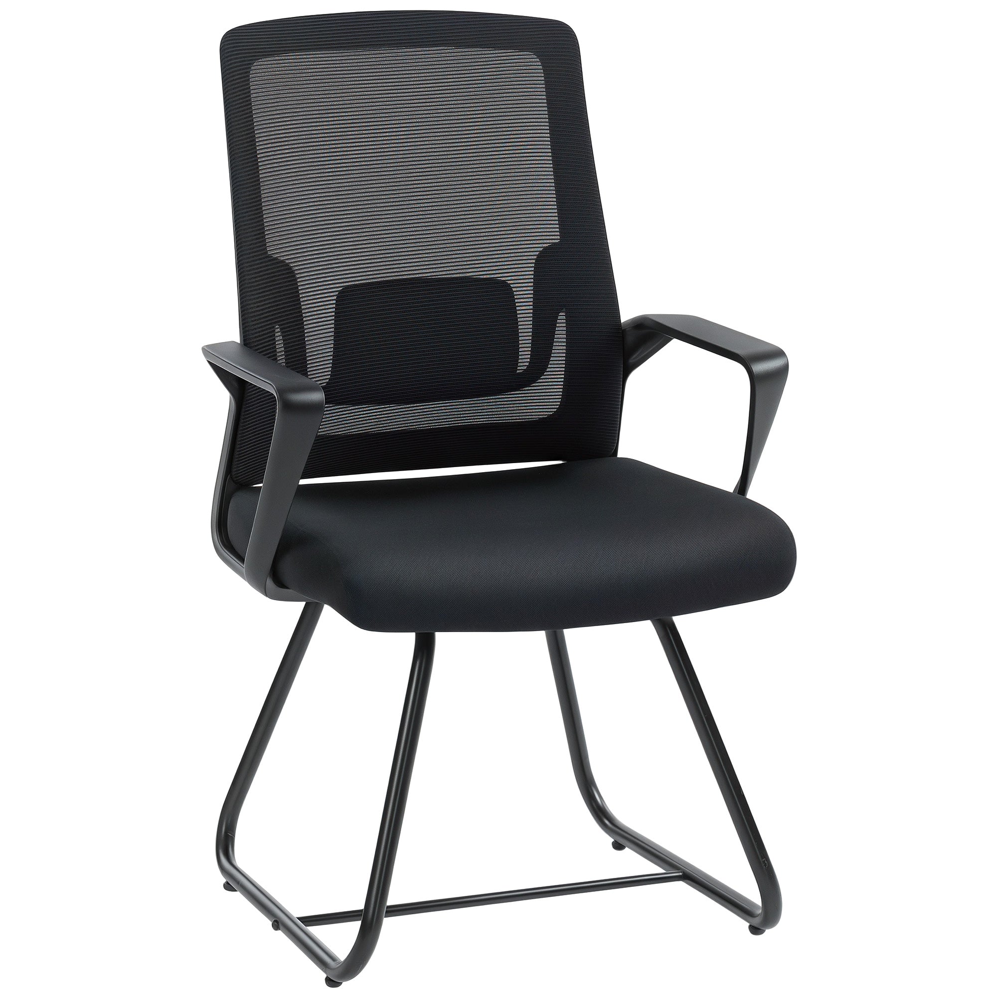 HOMCOM Desk Chair No Wheels, Office Chair with Mesh Back, Lumbar Support, Metal Base for Waiting Room, Conference Room, Black 
