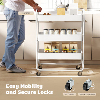 HOMCOM 3-Tier Storage Trolley on Wheels, Rolling Utility Cart with Mesh Backets for Kitchen, Bathroom, Bedroom, White 