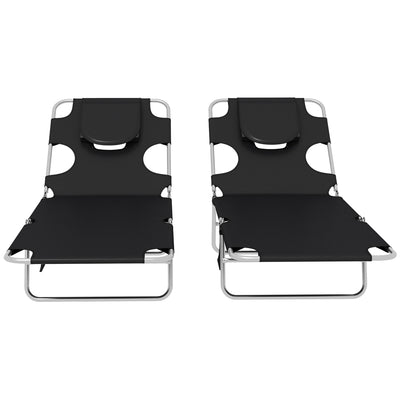 Outsunny Foldable Sun Lounger Set of 2, Beach Chaise Lounges with Reading Hole, Arm Slots, 5-Position Adjustable Backrest, Side Pocket, Pillow for Patio, Garden, Beach, Pool, Black 