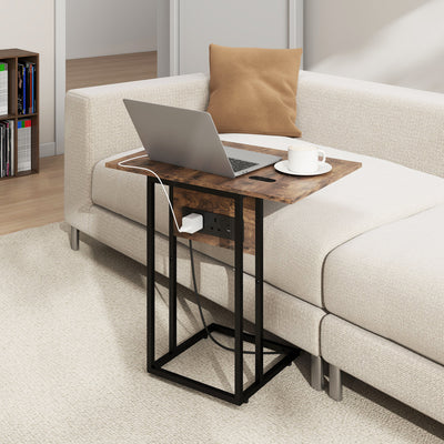 HOMCOM C Shaped Side Table with Charging Station and Foldable Top - Rustic Brown 