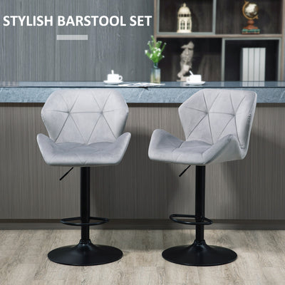 HOMCOM Bar Stools Set Of 2, Luxurious Velvet-Touch Barstools with Metal Frame Footrest Round Base Triangle Indenting Moulded Seat Adjustable Height Swivel Grey 