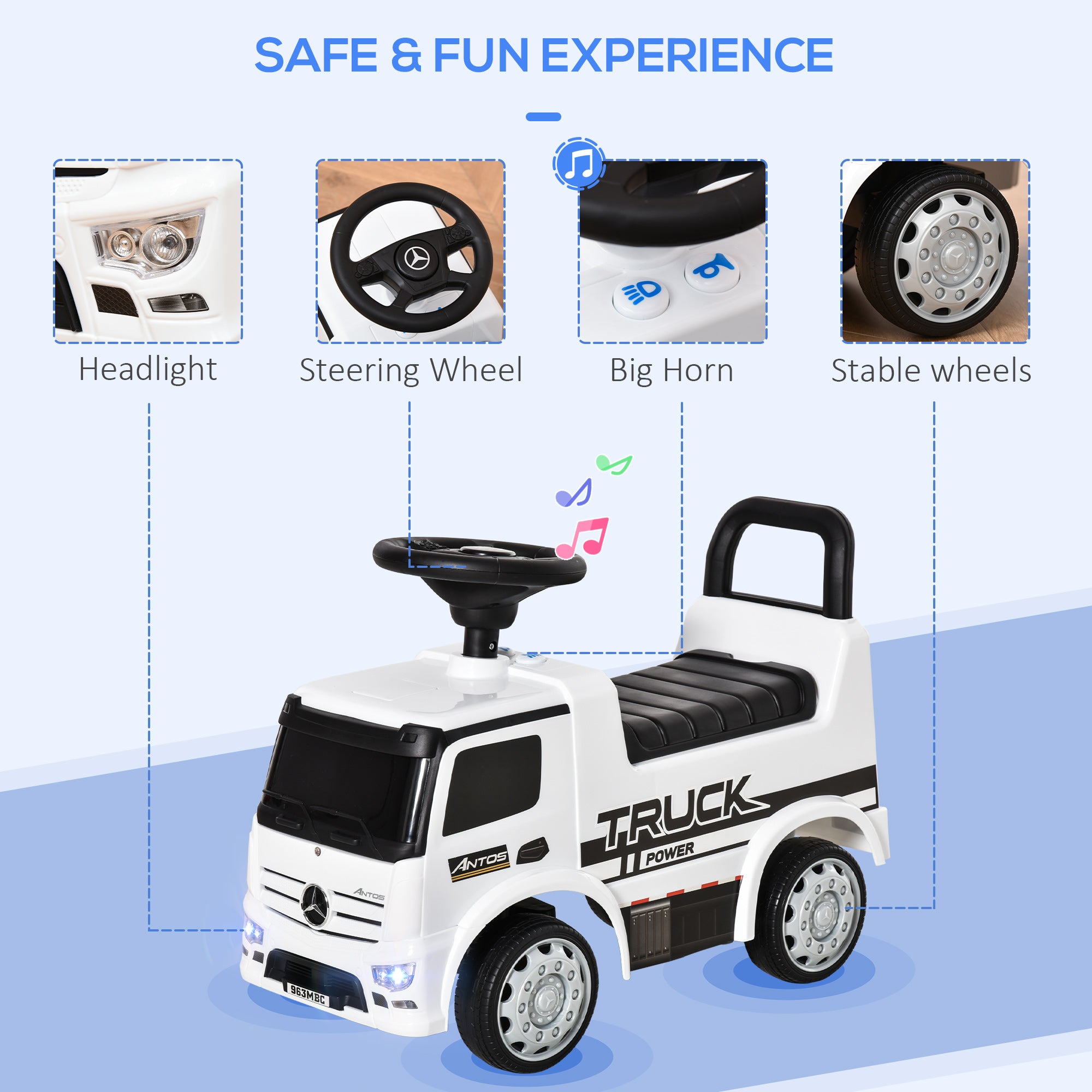 HOMCOM Compatible Kids Ride On Car Truck Mercedes Benz Licensed Toddler Foot To Floor Slider w/Under Seat Storage for 12 - 36 Months White 