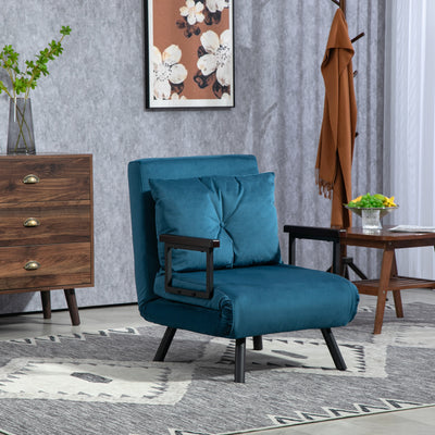 HOMCOM 4-in-1 Velvet-Feel Single Chair Bed, with Pillow - Navy Blue 