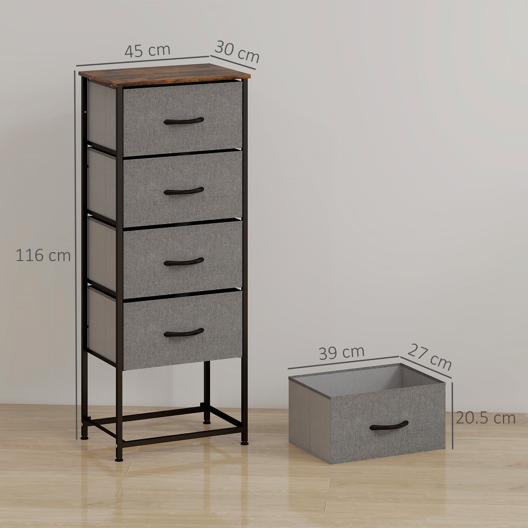 HOMCOM Fabric Chest of Drawers, Industrial Bedroom Dresser with 5 Fabric Drawers, Steel Frame and Wooden Top for Nursery, Living Room, Hallway, Rustic Brown and Grey