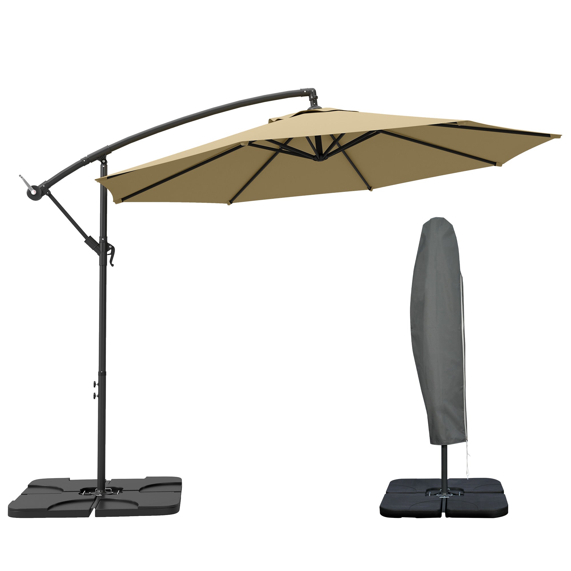 Outsunny 3m Overhanging Parasol, with Base, Weights and Cover - Sand brown 