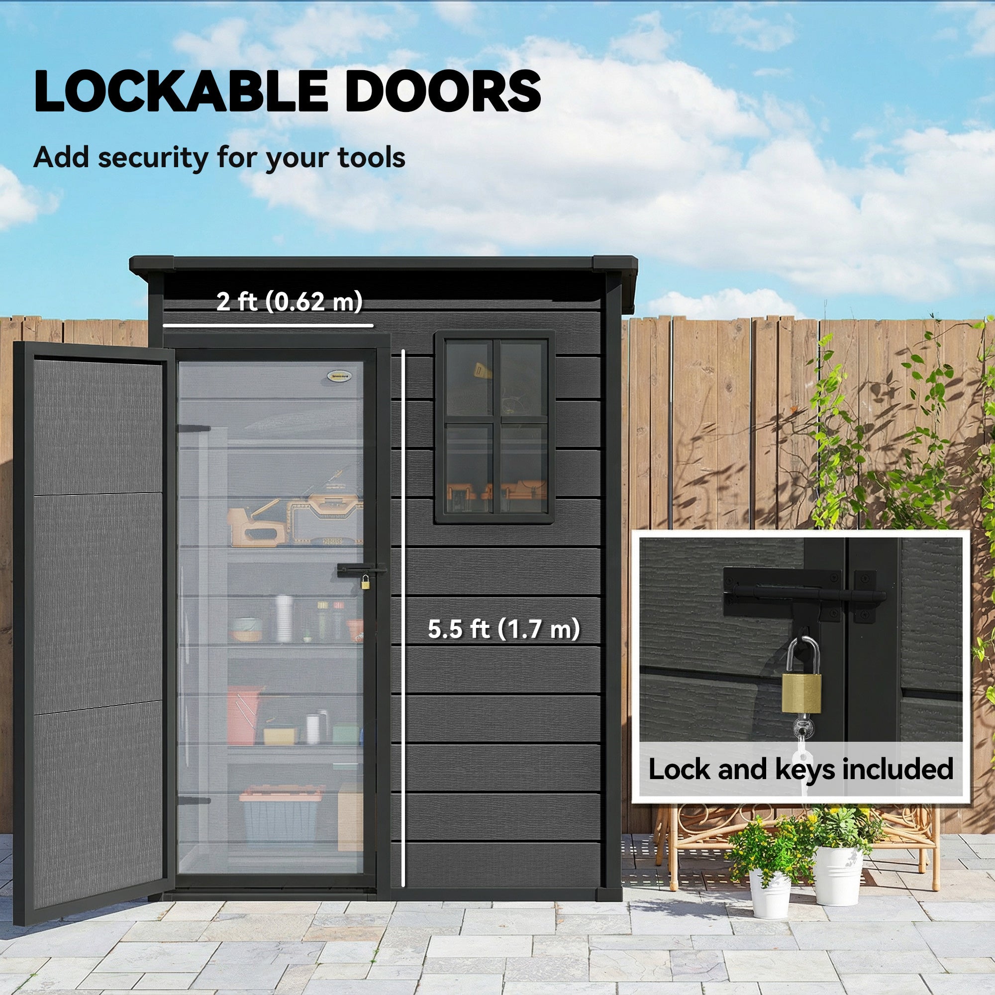Outsunny 5' x 3' Garden Shed with Floor, Outdoor Storage Shed with Lockable Door, Window and Vent, Dark Grey 