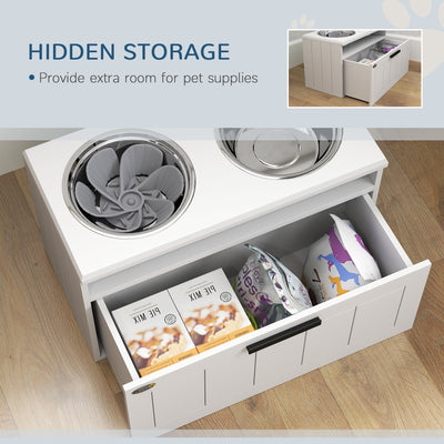 PawHut Raised Dog Bowl with Slow Feeder & 2 Stainless Steel Dog Bowl, 25L Storage Drawer, for Large & Extra Large Dogs, White 
