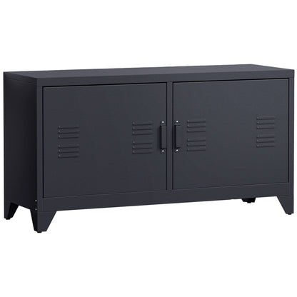 HOMCOM Steel TV Stand Cabinet, Industrial TV Unit for TVs up to 50", TV Table with 2 Doors, Adjustable Shelf and 4 Cable Holes for Living Room, Black 