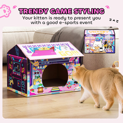 PawHut 2 in 1 Gaming Style Cardboard Cat House with Scratching Board & Catnip for Indoor Cats, Pink 