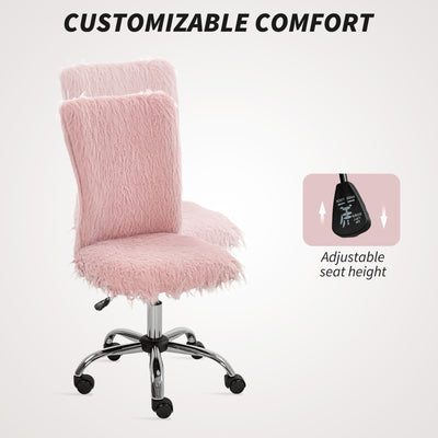 HOMCOM Plush Office Desk Chair, Modern Armless Swivel Vanity Chair with Adjustable Height for Home Office, Bedroom, Living Room, Pink 