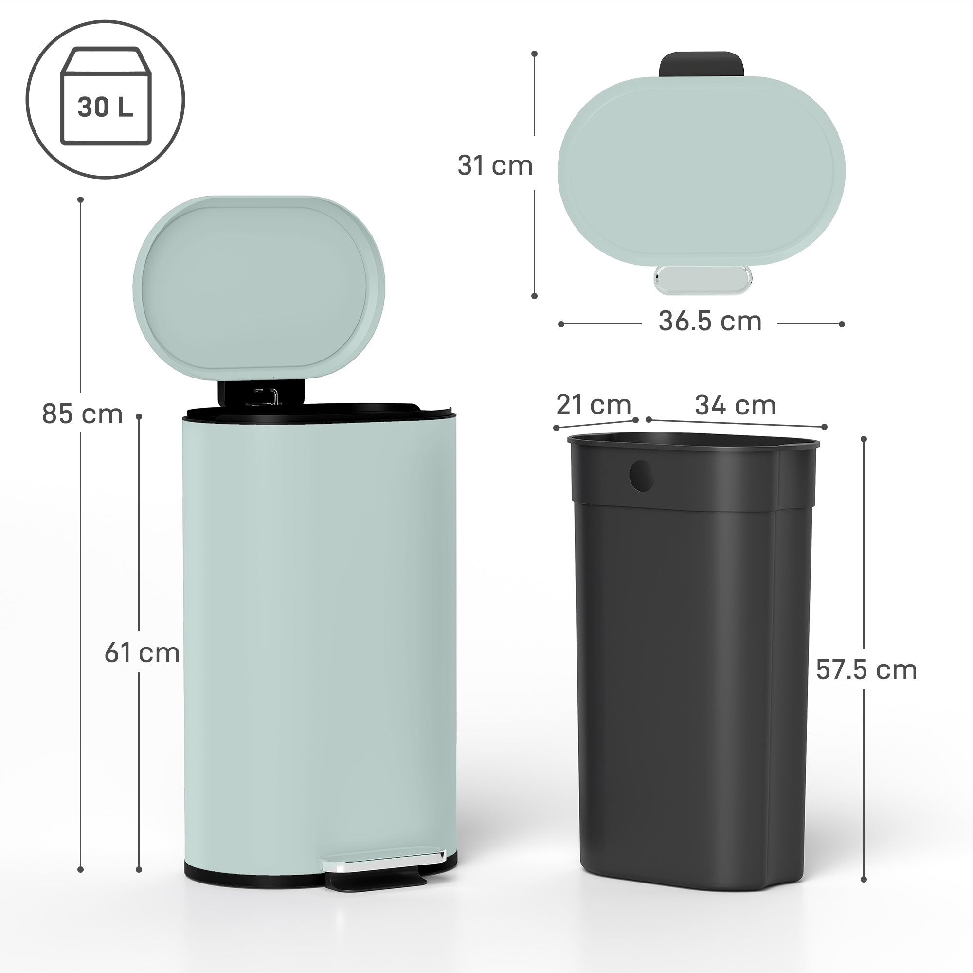 HOMCOM 30 L Modern Curved Kitchen Bin - Green 