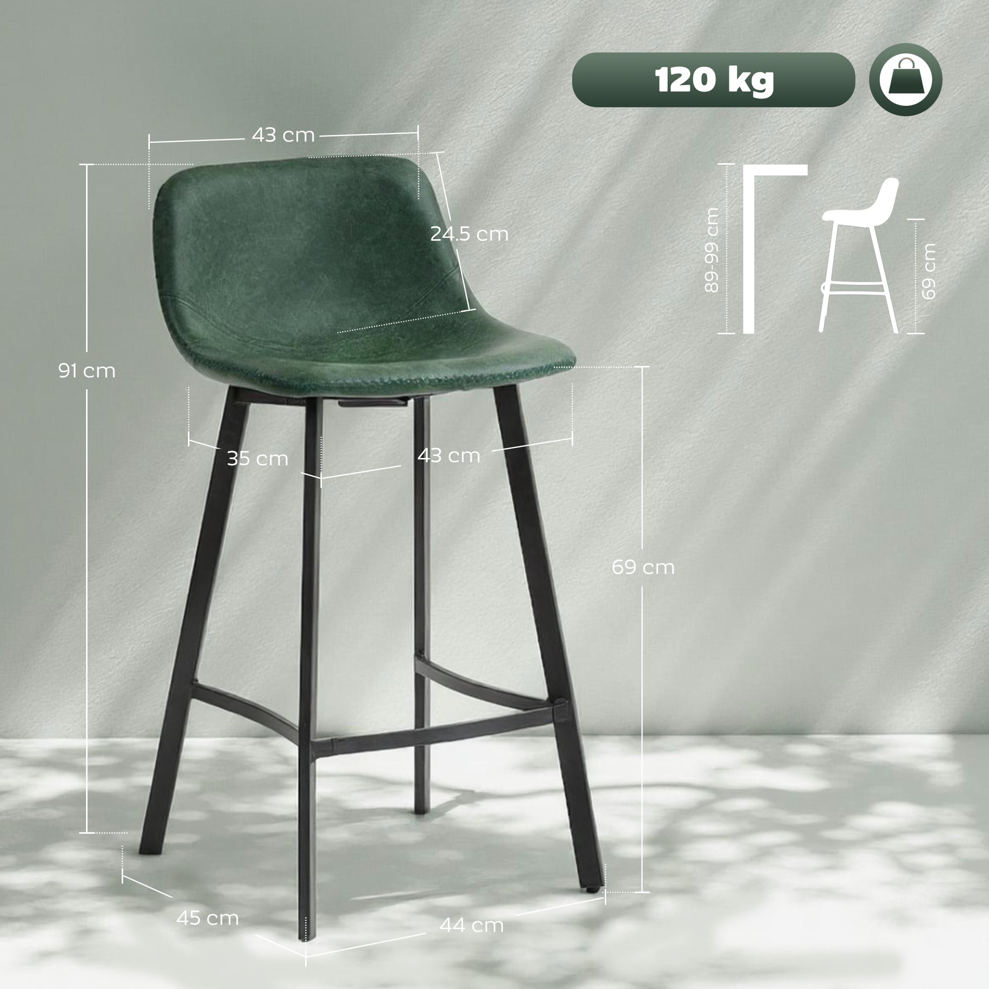 HOMCOM Bar Stools Set of 2, PU Leather Dining Stools with Backrest, Footrest, for Kitchen, Counter, Breakfast Bar, Green 