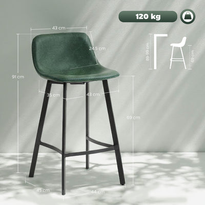 HOMCOM Bar Stools Set of 2, PU Leather Dining Stools with Backrest, Footrest, for Kitchen, Counter, Breakfast Bar, Green 