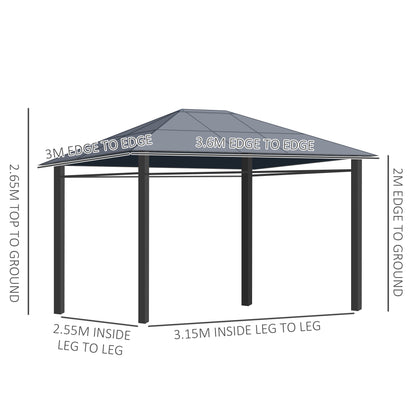 Outsunny 3 x 3.6m Hardtop Gazebo Canopy with Polycarbonate Roof, Permanent Pavilion Garden Gazebo with Curtains for Patio, Deck, Grey 