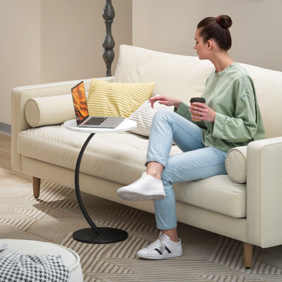 HOMCOM C Shaped Side Table, Round Bedside Table with Marble Effect Top, Modern Coffee Table Sofa End Table with Metal Frame for Living Room Bedroom Office, White 