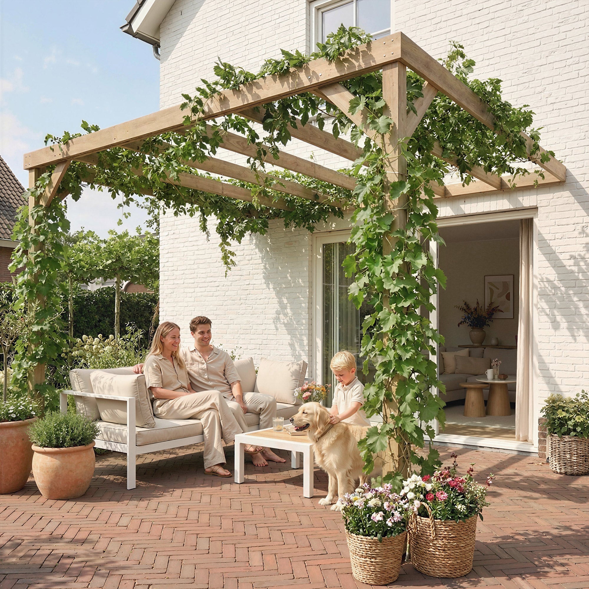 Outsunny Lean-To Wooden Pergola Kit, Decorative Garden Gazebo with Stable Structure and Concrete Anchors, 3 x 3 m, Light Brown 