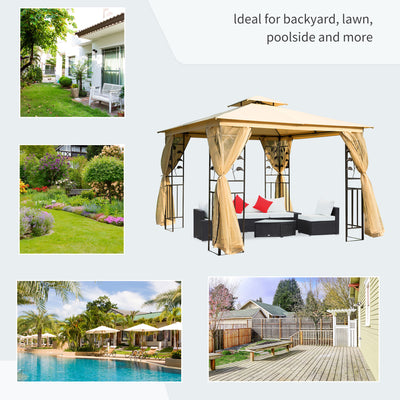 Outsunny 3(m) x 3(m) Garden Gazebo, Double Roof Outdoor Gazebo Canopy Shelter with Netting, Solid Steel Frame, for Garden, Lawn and Deck, Beige 