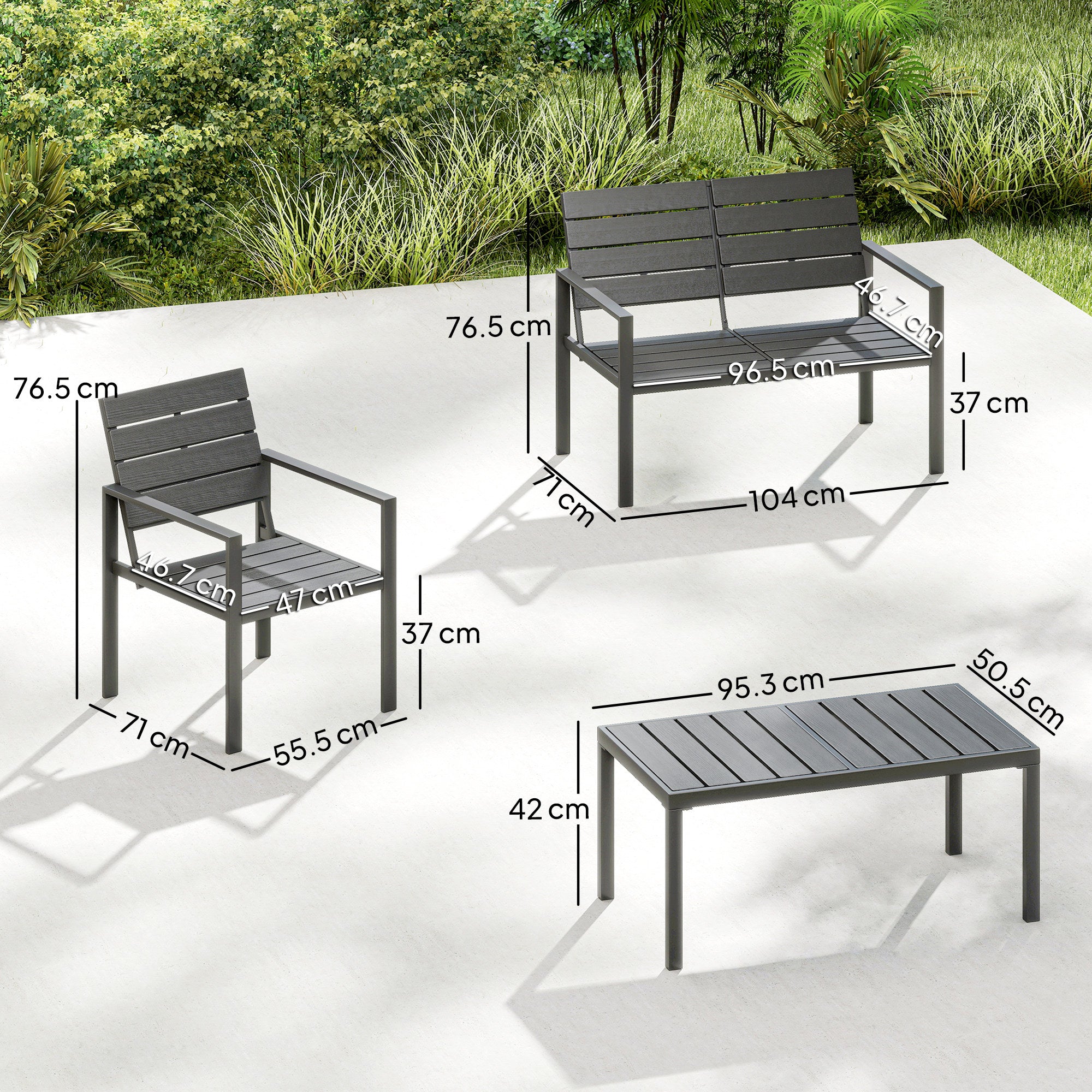 Outsunny 4 Piece Garden Furniture Set, Outdoor Sofa Set with HDPE Slatted Loveseat Armchairs Coffee Table Metal Frame, Dark Grey 