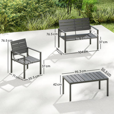 Outsunny 4 Piece Garden Furniture Set, Outdoor Sofa Set with HDPE Slatted Loveseat Armchairs Coffee Table Metal Frame, Dark Grey 