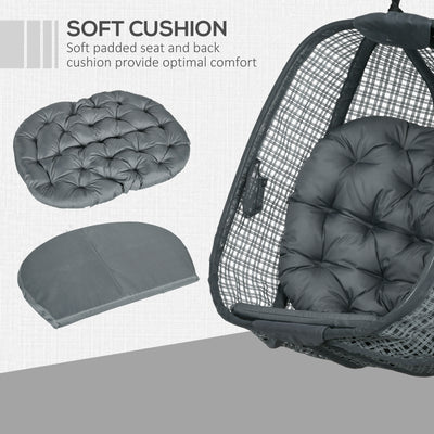 Outsunny Outdoor Swing Chair with Thick Padded Cushion, Patio Hanging Chair with Metal Stand, Egg Chair with Foldable Basket, Cup Holder, for Indoor and Outdoor, Dark Grey 