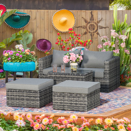 Outsunny Five Piece Rattan Armchair, Stool and Table Set - Mixed Grey 