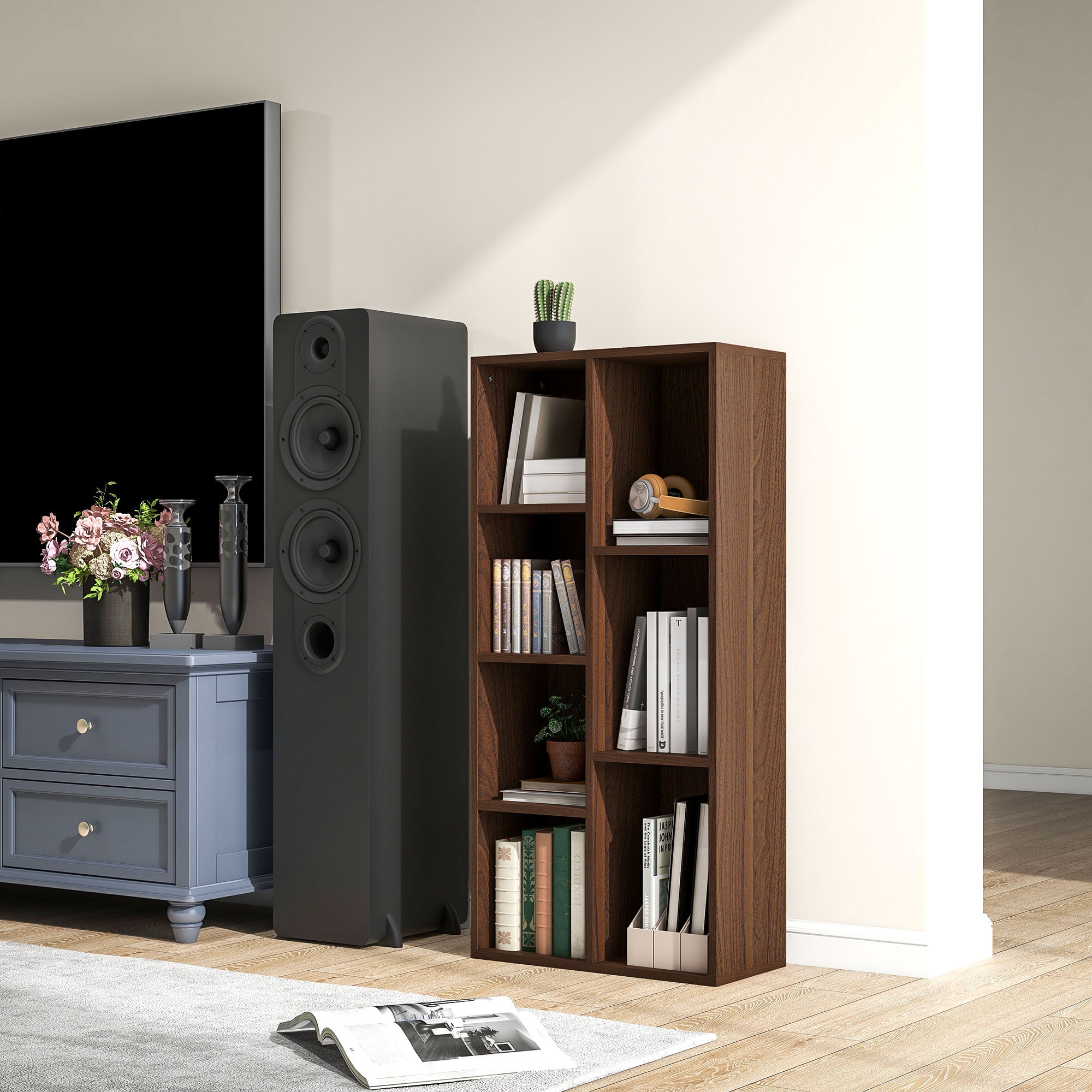 HOMCOM Seven-Cube Bookcase - Walnut Wood Effect 