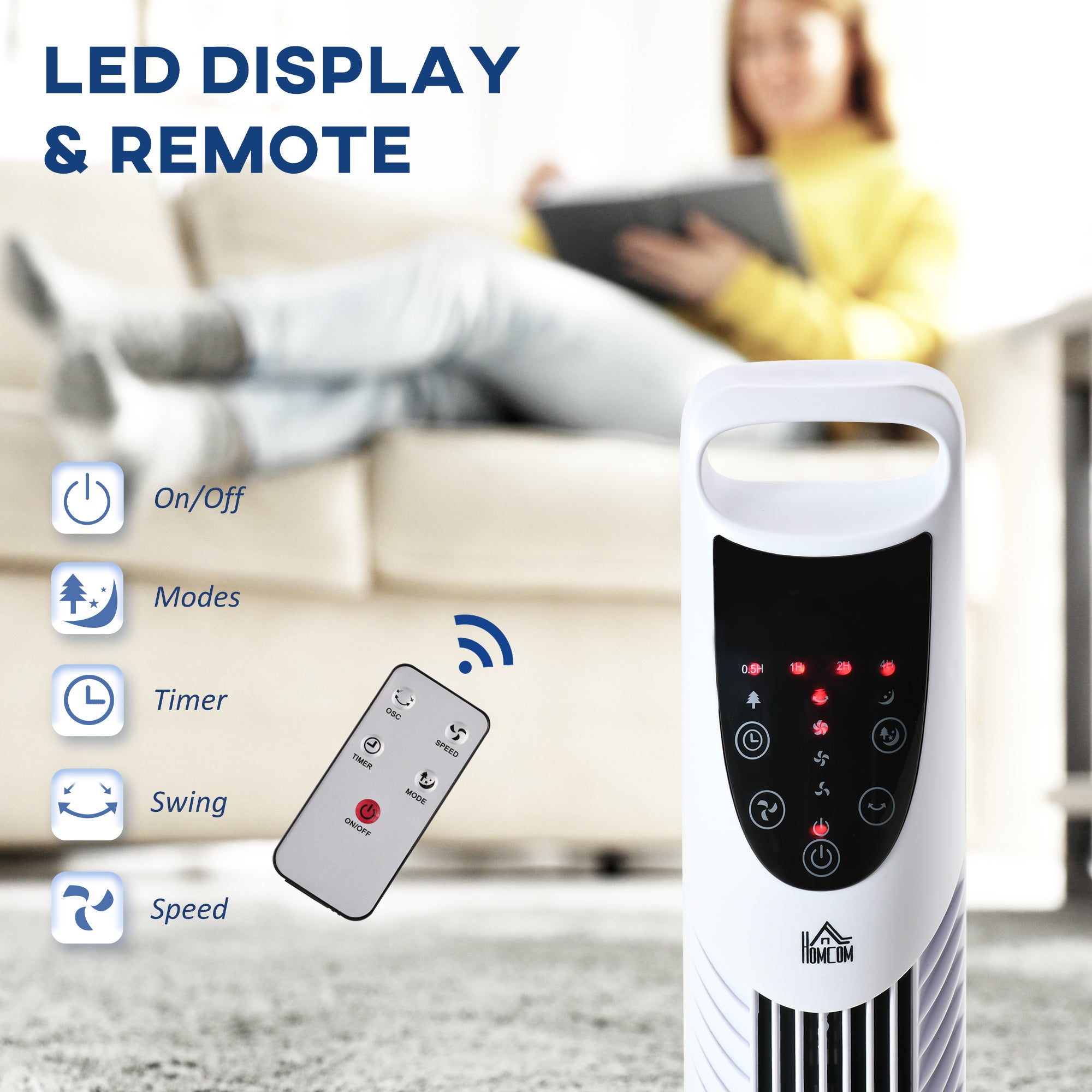 HOMCOM 36'' Freestanding Tower Fan, 3 Speed 3 Mode, 7.5h Timer, 70 Degree Oscillation, LED Panel, 5M Remote Controller, White 