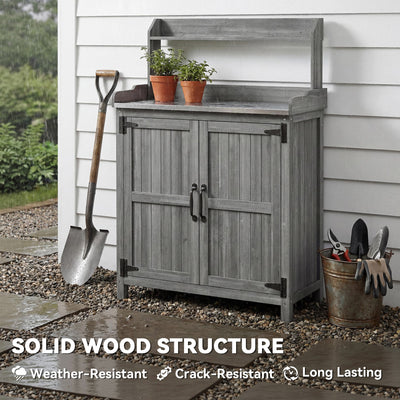 Outsunny Wooden Potting Bench Table with Aluminium Worktop, Outdoor Garden Workbench with Top Shelf and Cabinet Storage 