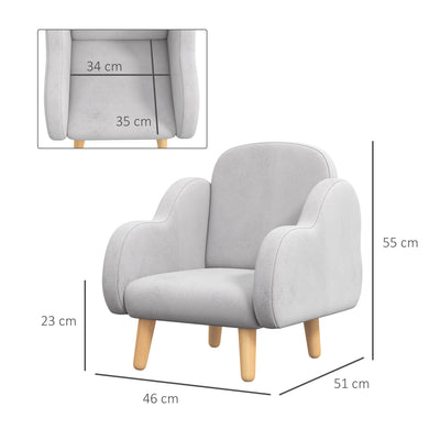 ZONEKIZ Kids Armchair Toddler Sofa Children Chair with Arm Rest, Wooden Frame, Velvet, PP Legs, Cloud Shape, for Ages 1.5-3 Years - Grey 