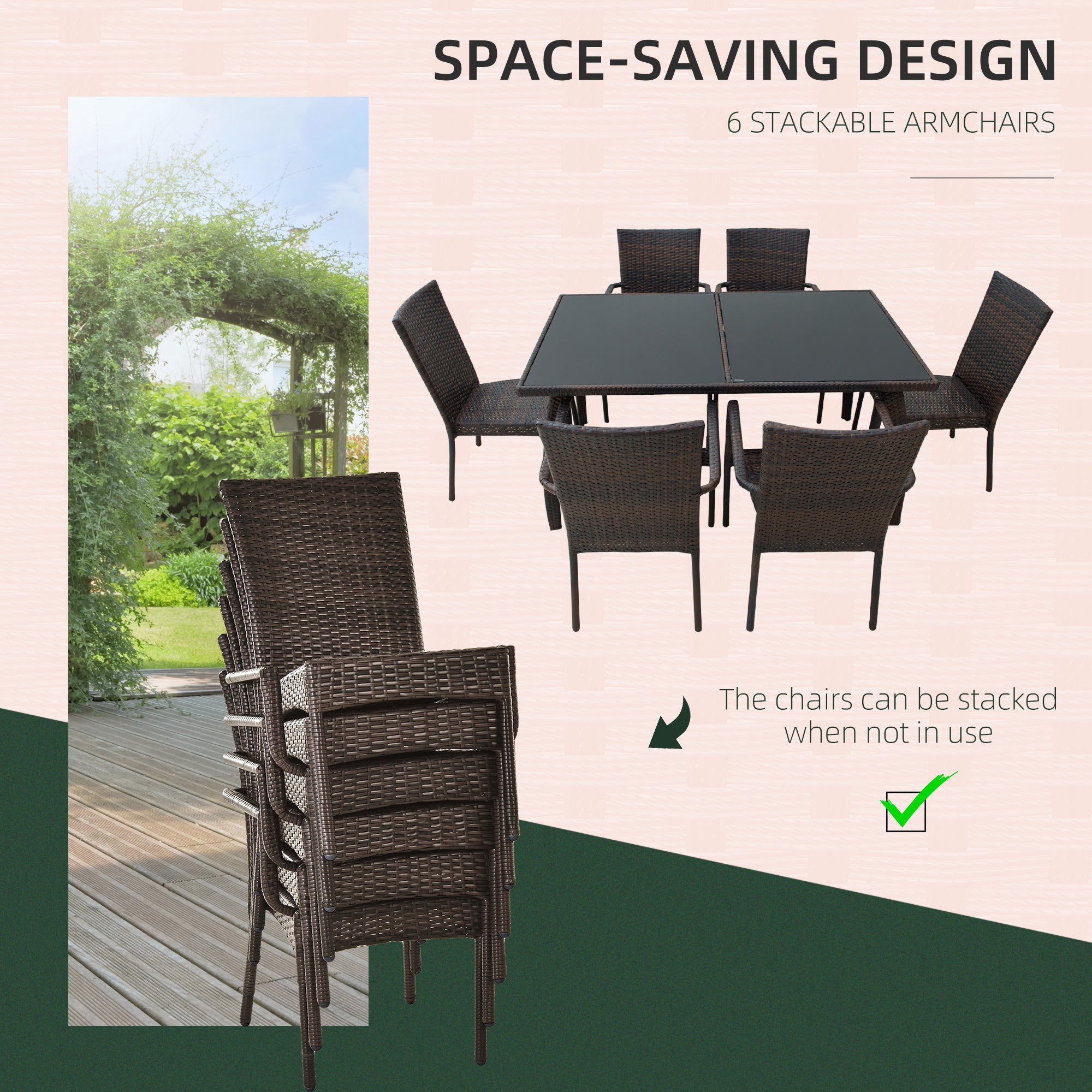 Outsunny 6 Seater Rattan Dining Set with Cushions, Rattan Garden Furniture Set, Outdoor Dining Table and Chairs with 6 Stackable Armchairs, Rectangular Glass Top Table for Patio, Balcony, Brown 