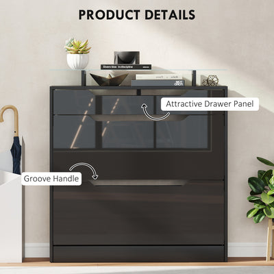 HOMCOM Shoe Storage Cabinet with Slide Out Drawer, 2 Flip Doors, Tempered Glass Top - Black 