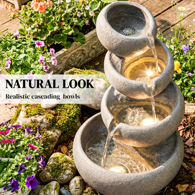 Outsunny 4-Tier Water Fountain Outdoor, Garden Water Feature with LED Lights and Pump, Freestanding Resin Waterfall for Patio 