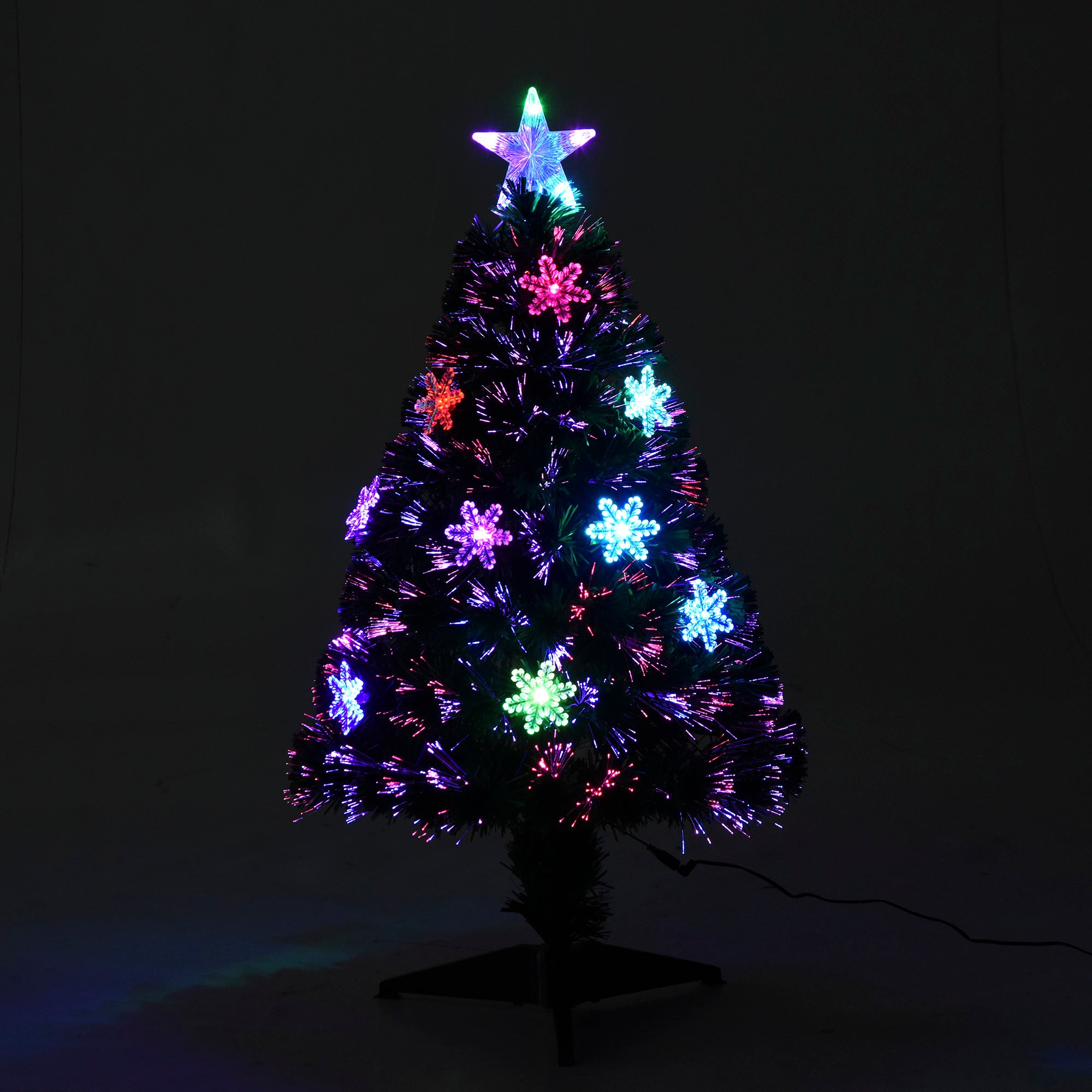 HOMCOM 3FT Green Fibre Optic Artificial Christmas Tree Xmas Colourful LED Scattered Tree with Snowflakes Ornaments Fireproofing 