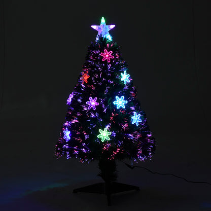HOMCOM 3FT Green Fibre Optic Artificial Christmas Tree Xmas Colourful LED Scattered Tree with Snowflakes Ornaments Fireproofing 