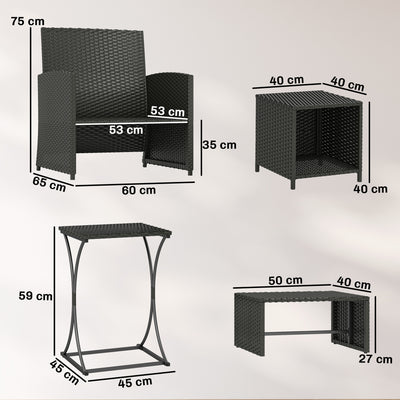 Outsunny 6 Piece Rattan Garden Furniture, Space-Saving Patio Furniture Set with Nesting Tables, Chairs, Stools, Cushions, Black 