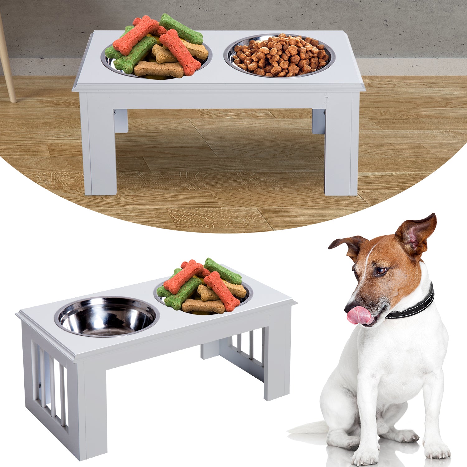 PawHut Raised Dog Feeding Bowls with Stand, Stainless Steel for Medium Dog, 58L x 31W x 25H cm - White 