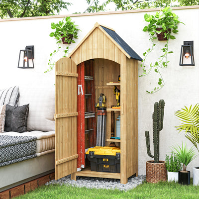 Outsunny Small Shed, Wooden Garden Storage Shed with 3 Shelves, Outdoor Tool Storage Cabinet with Tilt Roof and Lockable Door, 77.5 x 54.2 x 179.5 cm, Natural 