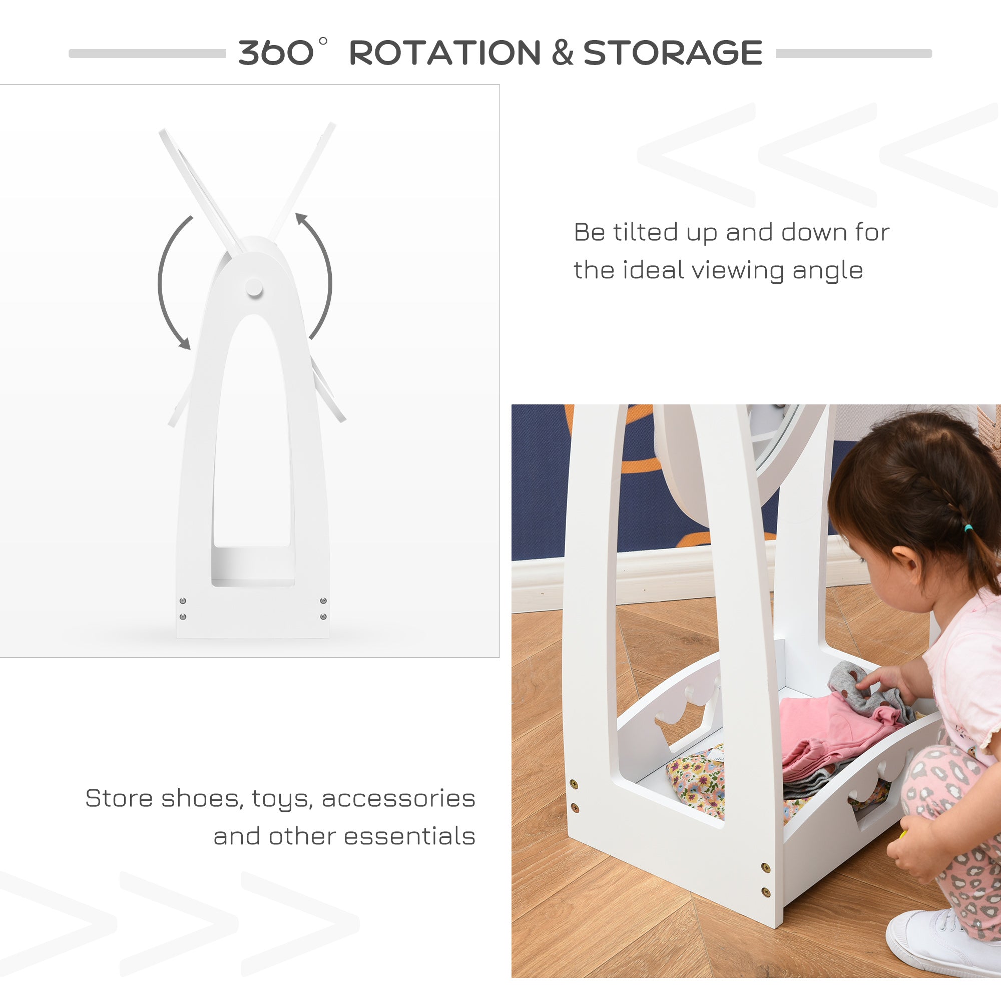 HOMCOM Free Standing Full Length Mirror, Child's Dressing Mirror with storage shelf, Children's White Bedroom Furniture 360° Rotation MDF, For 3- 8 Years Old, 40L x 30W x 104H cm 