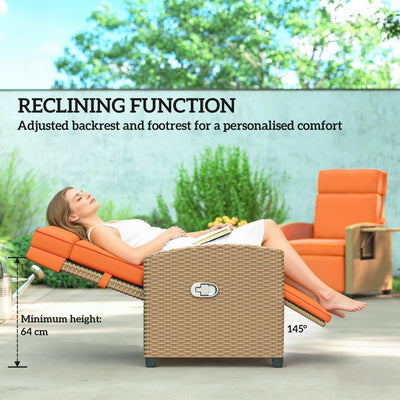 Outsunny 145° Reclining Rattan Armchair, with Footrest - Khaki/Orange 