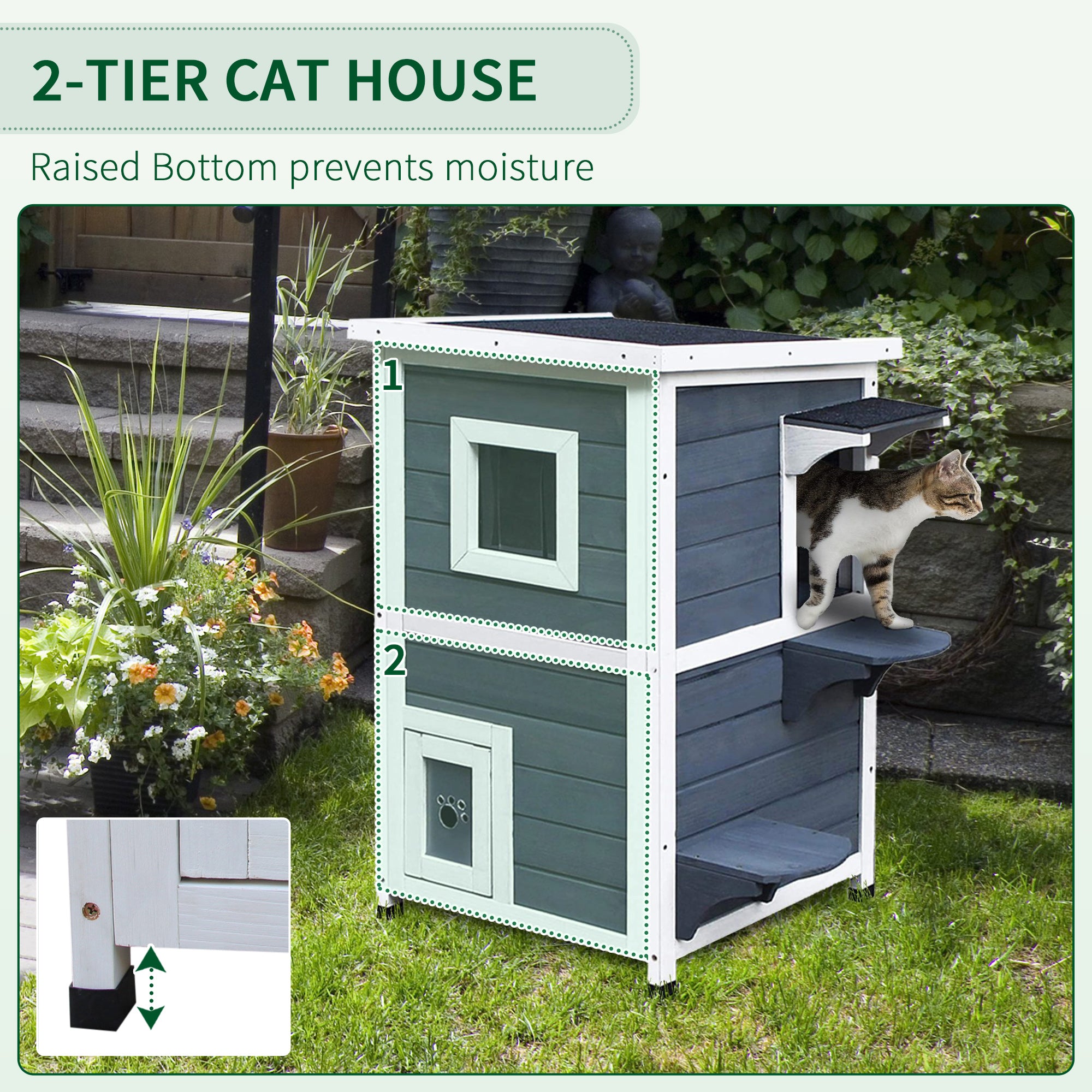 PawHut Wooden Cat House 2-Floor Outdoor Kitten Shelter with Window Grey 