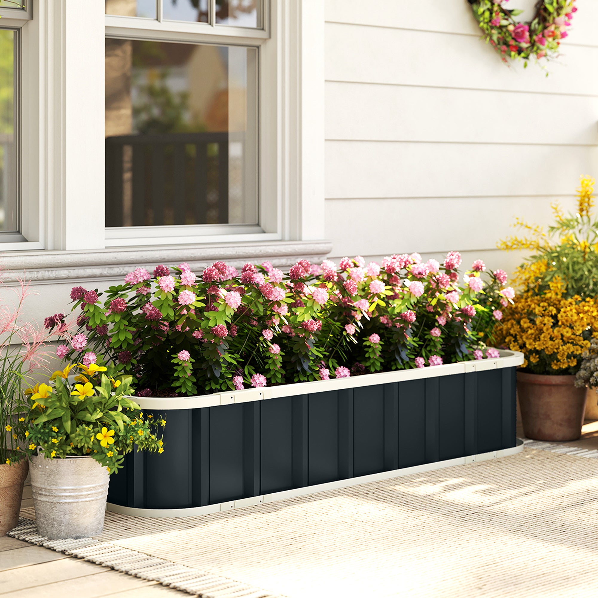 Outsunny Galvanised Raised Garden Bed, 4.5 x 2 x 1 ft Metal Planter with Gloves and Folded Edging, Dark Grey 