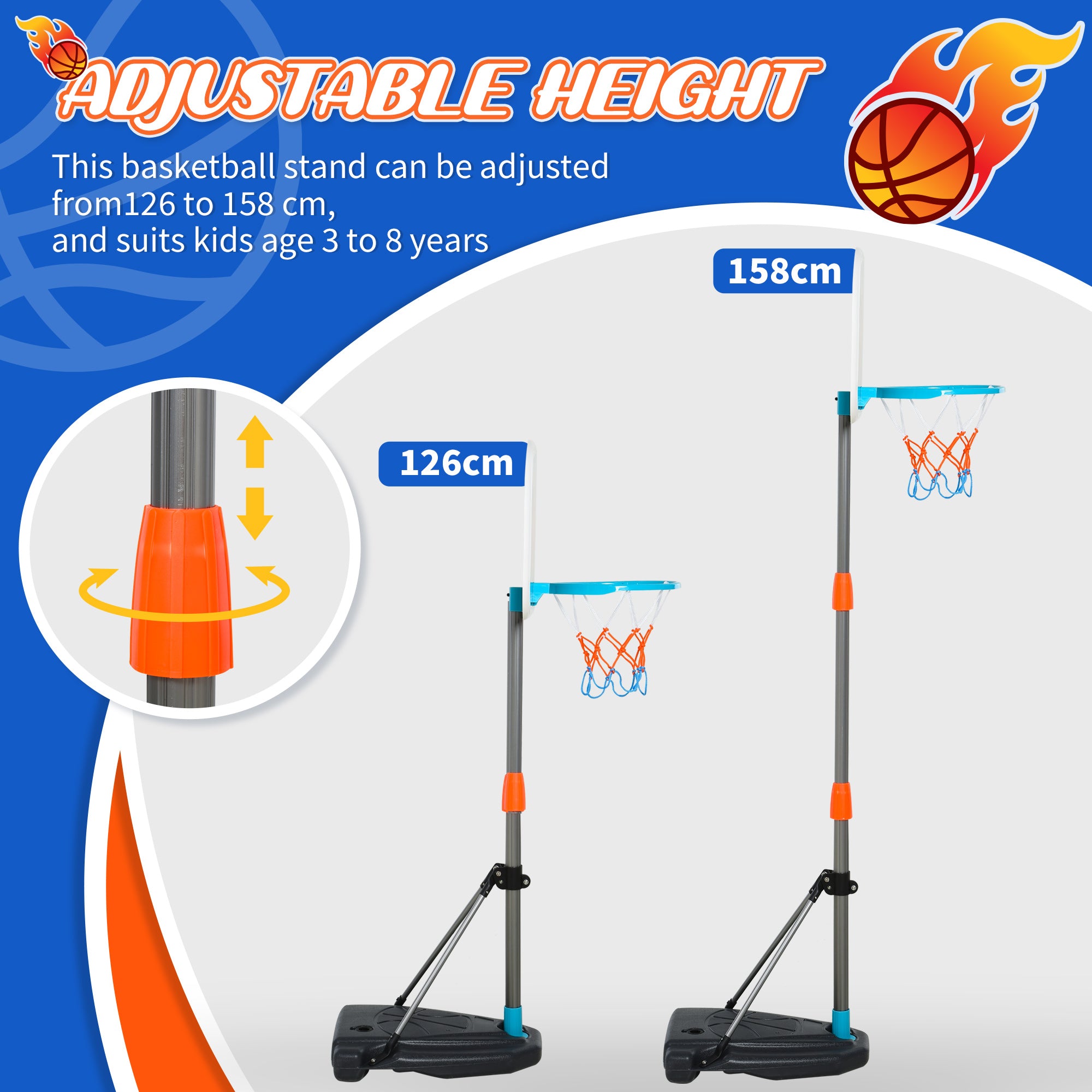 HOMCOM Kids Basketball Hoop and Stand Portable Basketball Stand Set w/ Ball Pump Netting Backboard Adjustable Height from 126 cm to 158 cm 