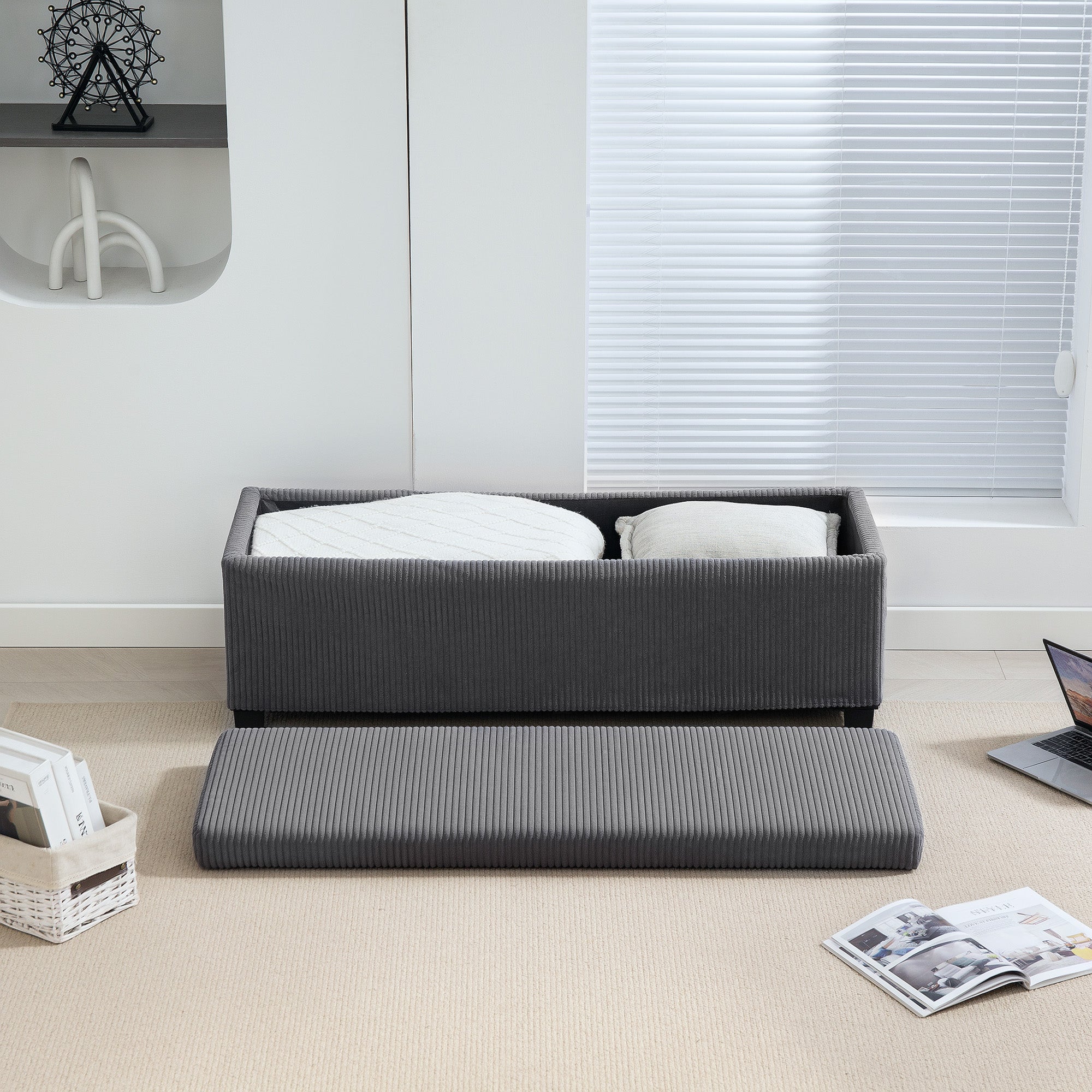 HOMCOM Storage Ottoman Bench, Corduroy Footstool with Removable Lid and Legs, 112cm Storage Chest Box for Living Room, Bedroom, Hallway, Grey 