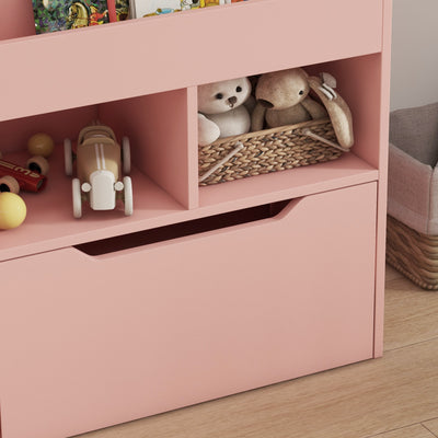 HOMCOM Kids Bookshelf, Toy Organiser, with Storage Drawer, Wheels - Pink 