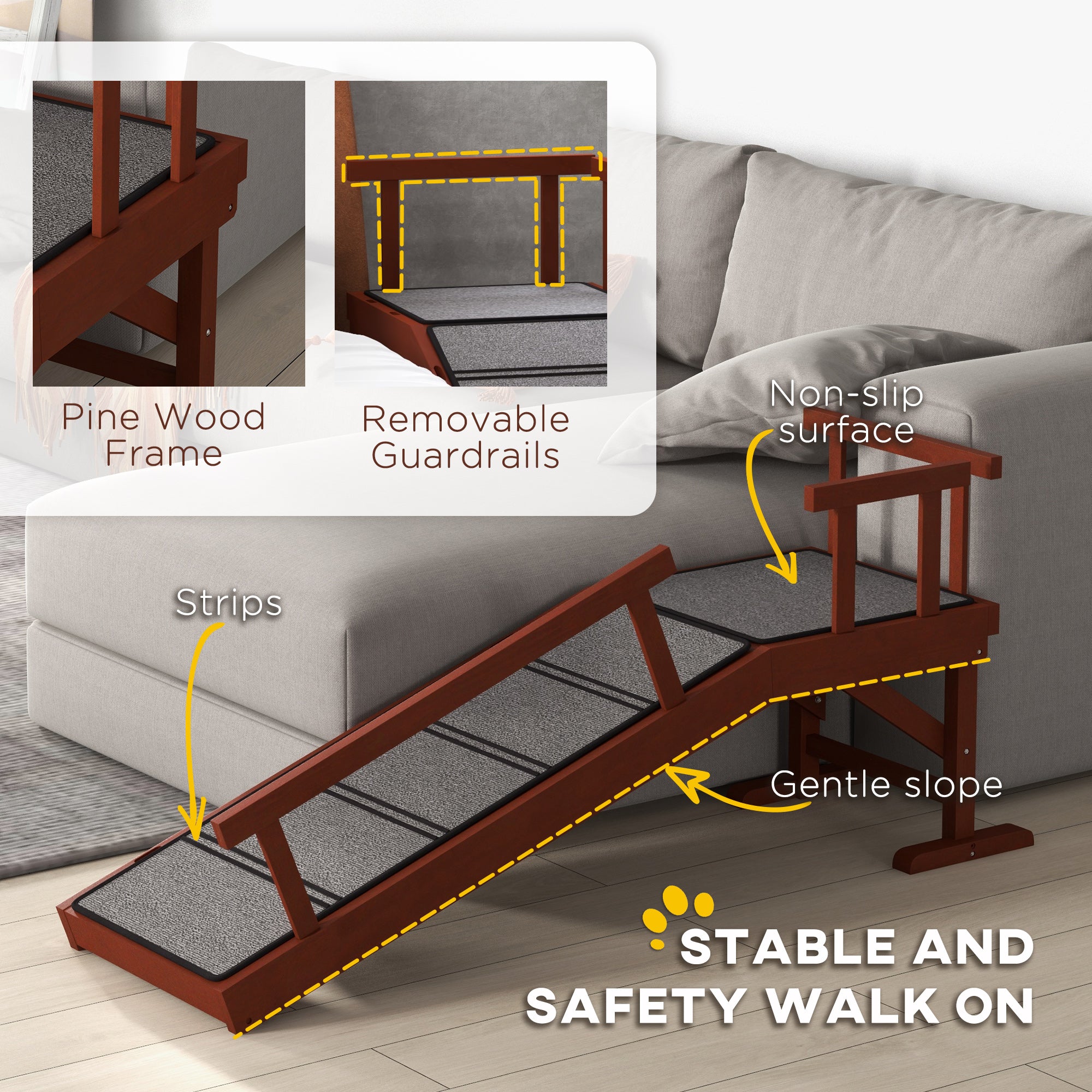 PawHut Wooden Dog Ramp with Removable Guardrails, Non-Slip Surface, 125 cm Long, Brown 