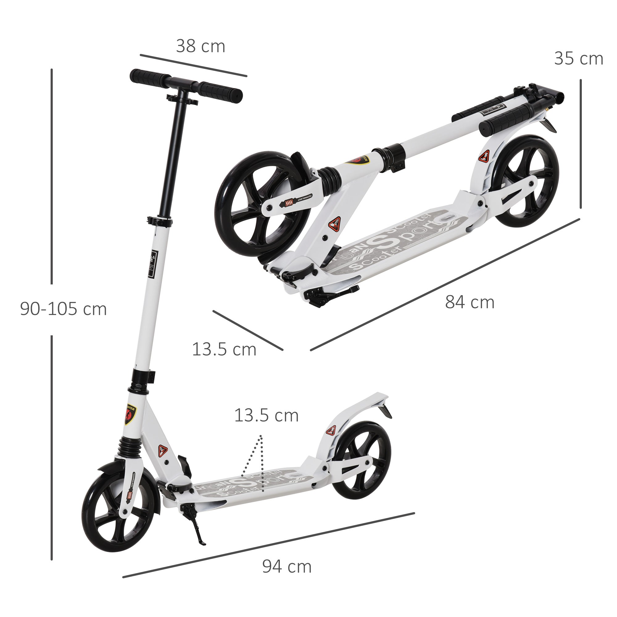 HOMCOM Folding Kick Scooter, Adjustable Ride On Scooter with 200mm Big Wheels and Double Shock Absorption, Urban Scooter for 14+ Teens Adult- White 